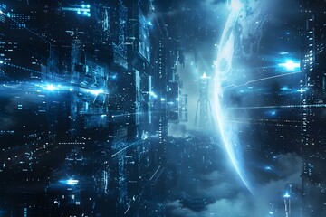 Blue and white illustration of a futuristic city with a moon in the background