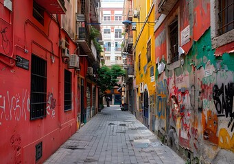 Fototapeta premium A narrow alleyway with colorful buildings and graffiti