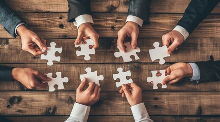 A group of business people are sitting around puzzle pieces, each person has one hand holding a piece of the puzzle, showing the concept of teamwork.