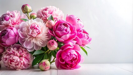 A bouquet of peonies on a white background with ample copy space.
