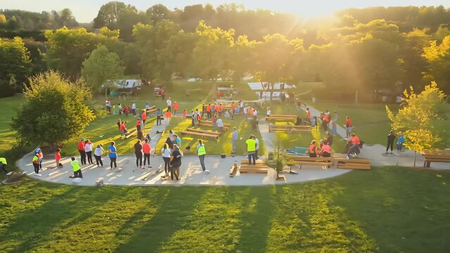 Large Group Cleaning Park at Sunset With Volunteers