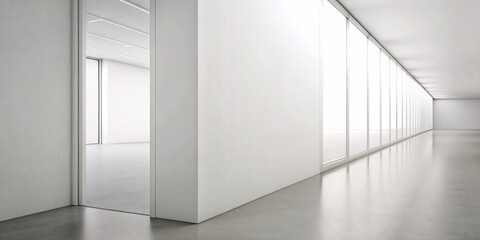 Fototapeta premium A sleek and spacious corridor featuring a minimalist design with bright natural lighting through a large window, ideal for modern architecture themes.
