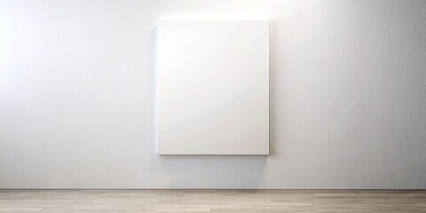 A large, pristine white canvas leans against a neutral-toned wall in a minimalist interior setting. The empty canvas contrasts with the subtle textures of the wall and floor.