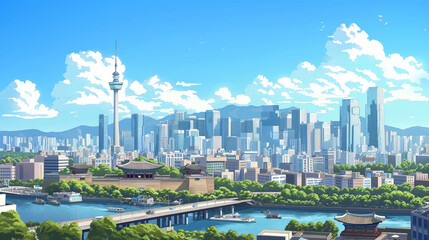 panorama of the city, Illustration of Seoul city, South Korea's landscape blending high-rise cityscape with traditional palaces, iconic landmarks