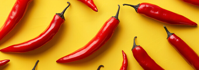 Red chili peppers on a yellow background, a top view pattern for design and decoration of food products. The concept is the natural product