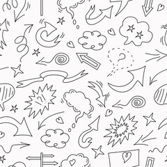 Vector pattern. Doodle, drawing, sign, black and white background. Arrows, heart, bubbles, clouds.