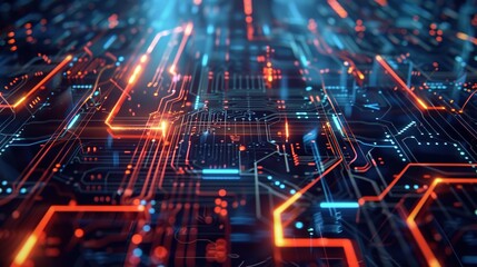 Obraz premium Sparking the Digital Network: Technology Concept with Illuminated Electric Pulses and Connections