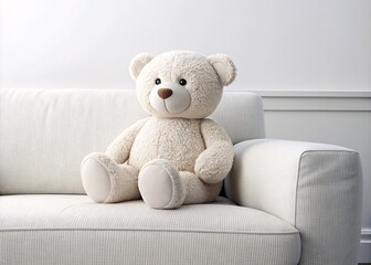 Fototapeta premium A soft, plush teddy bear sits comfortably on a modern, white sofa against a light background. This charming scene evokes feelings of warmth, comfort, and childhood nostalgia.