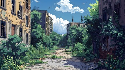 An overgrown and abandoned city street with buildings and trees