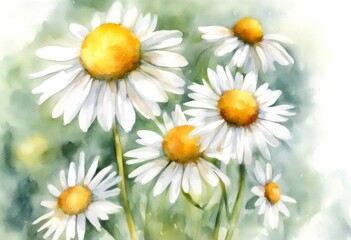 Fototapeta premium watercolor leaves white vibrant card flowers print square floral background green natural blooming chamomile