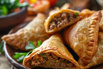 Indian Samosa Closeup, Samsa Stuffed with Beef and Onion, Traditional Uzbek Veal Meat Pies