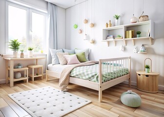 Obraz premium Cozy and Modern Children's Bedroom with Canopy Bed. This scene is perfect for a child's sanctuary, where dreams are woven and rest is sweet.