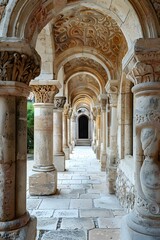 A long stone hallway with stone columns and arches