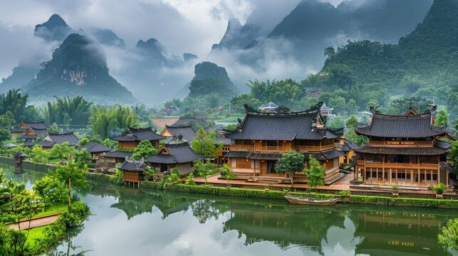 Traditional Vietnamese village with ancient temples and serene landscape
