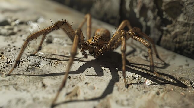 On a hot summer a funnel spider scutters around the walls warm concrete surface very detailed and realistic shape