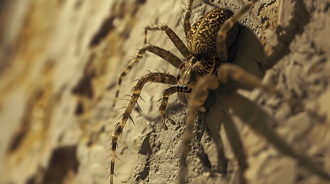On a hot summer a funnel spider scutters around the walls warm concrete surface very detailed and realistic shape