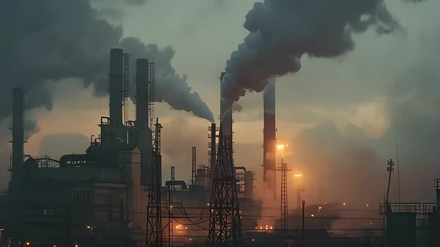 Industrial Impact Coal power plant with high pipes emitting black smoke, illustrating the environmental pollution and atmospheric impact of industrial activities