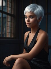 Naklejka premium Silver-haired, short-cut, boyish woman, charismatic boss