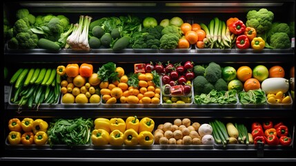 Fruits and vegetables in the refrigerated shelf of a supermarket