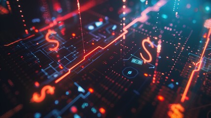 Fototapeta premium Digital Currency Transfer Network - Glowing Data Nodes and Currency Symbols Abstract Background