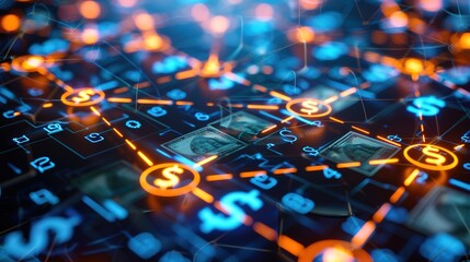 Obraz premium Illuminated Data Nodes and Currency Symbols: Abstract Online Money Transfer Concept
