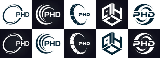 PHD logo. P H D design. White PHD letter. PHD, P H D letter logo design. P H D letter logo design in GOLD, GOLDEN LOGO, THREE, style. letter logo set in one artboard. P H D letter logo vector design.