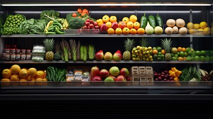 Colorful fruits and vegetables on the refrigerated shelf of a grocery store.
