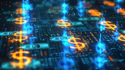 Obraz premium Abstract Currency Symbols Floating in Digital Space for Online Money Transfer Concept