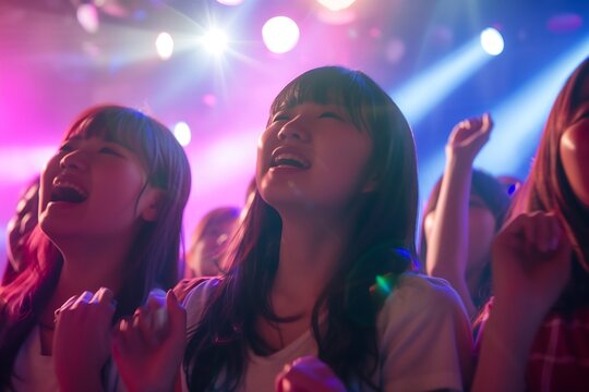 excited music fans japanese woman in a front row of a concert at night