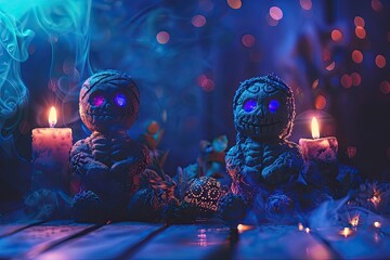 Obraz premium Voodoo dolls and dark magic elements with eerie background, copy space for party invitation