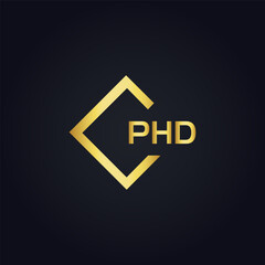 PHD logo. P H D design. White PHD letter. PHD, P H D letter logo design. P H D letter logo design in GOLD, GOLDEN LOGO, THREE, style. letter logo set in one artboard. P H D letter logo vector design.