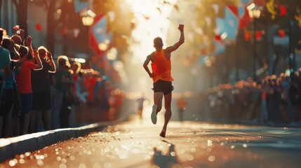 A marathon runner crossing the finish line with a cheering crowd, Endurance, capturing achievement and perseverance