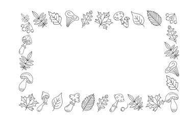 Autumn set of leaves, mushrooms and berries. Drawing, doodle. Border, frame. Place for text. Fly agaric, rowan branch, maple leaf, doodles, drawings, sketch. White background isolated.