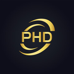 PHD logo. P H D design. White PHD letter. PHD, P H D letter logo design. P H D letter logo design in GOLD, GOLDEN LOGO, THREE, style. letter logo set in one artboard. P H D letter logo vector design.