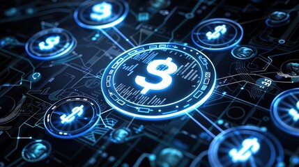 Obraz premium Digital Currency Exchange in Futuristic Virtual World - Conceptual Symbolic Representation of Crypto Transactions and Blockchain Technology