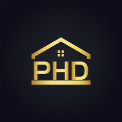 PHD logo. P H D design. White PHD letter. PHD, P H D letter logo design. P H D letter logo design in GOLD, GOLDEN LOGO, THREE, style. letter logo set in one artboard. P H D letter logo vector design.