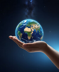 World Earth Day Concept. Green Energy, ESG, Renewable and Sustainable Resources. Environmental Care. Hands of People Embracing a Handmade Globe. earth globe in hand