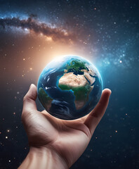 World Earth Day Concept. Green Energy, ESG, Renewable and Sustainable Resources. Environmental Care. Hands of People Embracing a Handmade Globe. earth globe in hand