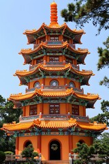 Traditional Chinese Pagoda Architecture With Orange and Green Colors