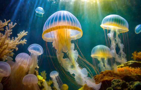 the Moon Jellyfish of aquarium floating in the water. Aurelia aurita species living in tropi. Generative AI.