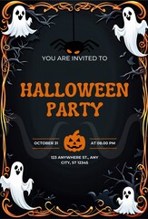 Hand drawn toxic and thriller celebration card and flyer or invitation template for Halloween party with lettering and scary background.Halloween vertical background with ghost, scary tree and pumpkin