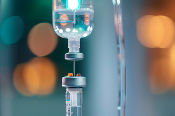 Close up medical intravenous IV drip in hospital background