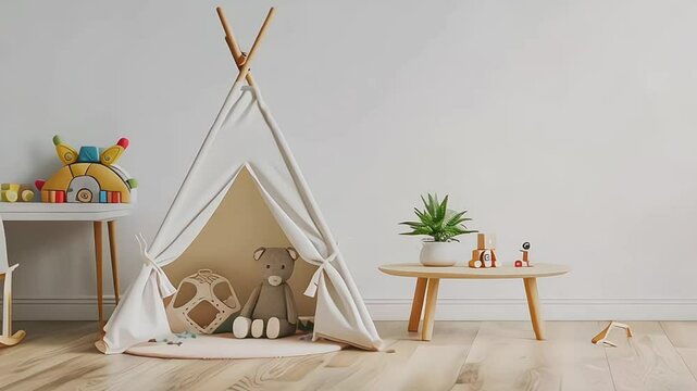 White children playroom with tent, doll and table.