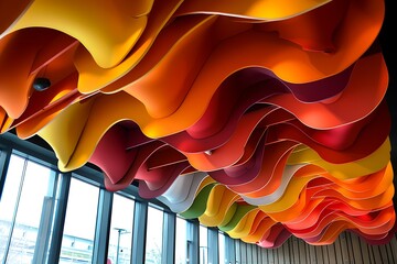 A ceiling with decorative acoustic clouds in various colors, enhancing both aesthetics and sound quality.