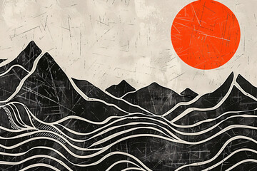 Abstract mountains with a red sun, in the style of Japanese ink drawing, on a white paper background, with detailed lines and shapes, using a black color scheme with high contrast