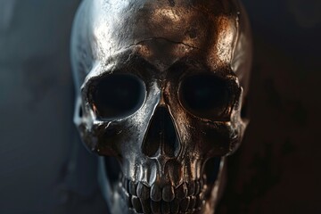 A weathered silver skull rests on a dark table, its hollow eye sockets casting eerie shadows.