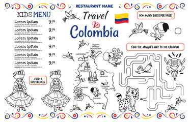 Kids menu for a Colombian restaurant with a map of Colombia and interesting tasks for children. 17x11 inch printable vector file