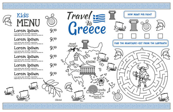 Kids menu for a Greek restaurant with a map of Greece and interesting tasks for children. 17x11 inch printable vector file