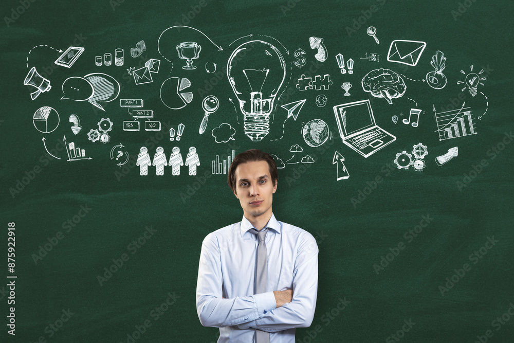Poster a man stands with crossed arms in front of a chalkboard covered with white doodles representing idea