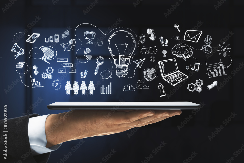 Poster a hand holding a digital tablet with various drawn icons floating above it against a dark background